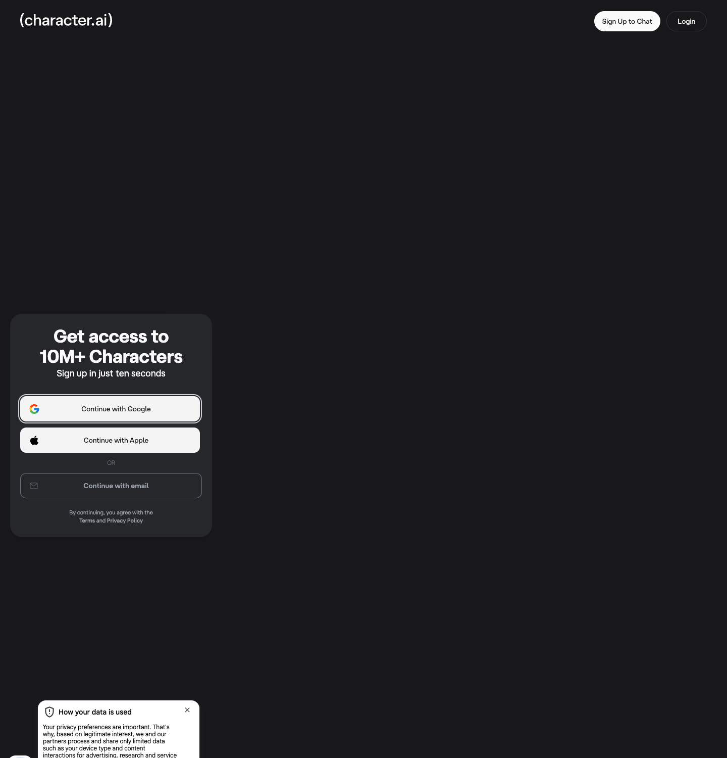 Character.AI homepage with its cookie consent notice, July 2026